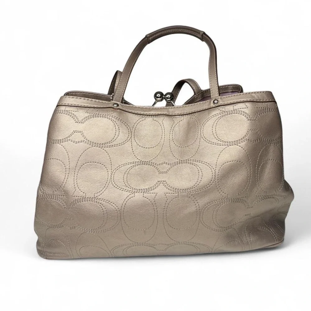 Coach Madison Sophia Kisslock Satchel Metallic Pewter Leather Purse F19413 Large